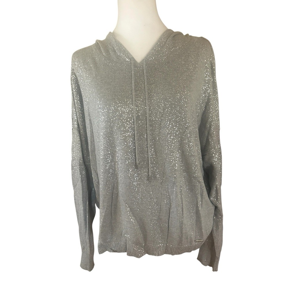Calvin Klein Gray Silver Metallic Shimmer Knit Hoodie Sweater Angora Blend M
